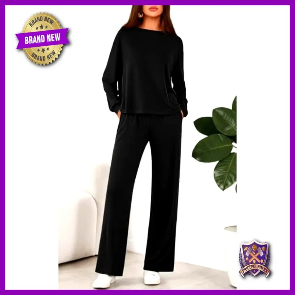 Loose Fit Long Sleeve Crewneck Wide Leg Pants Lounge Set Two Piece Tracksuit